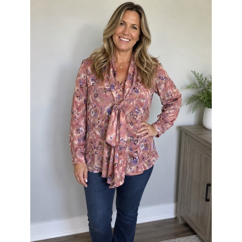 EL-LA Design Women's XL Floral Tie Neck Blouse Pink Purple Long Sleeve